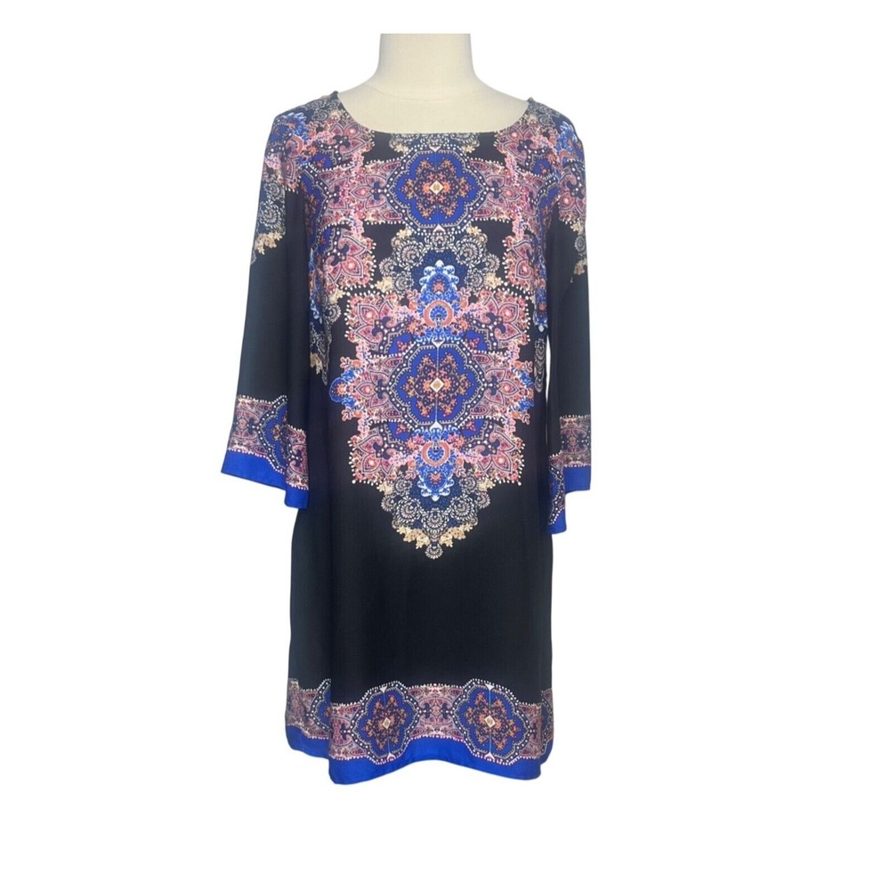 City Studio Dress Large Blue Black Bohemian Shift Long Sleeves